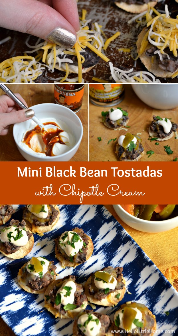 These Mini Black Bean Tostadas with Chipotle Cream are the perfect appetizer for game day or any party! | Hello Little Home