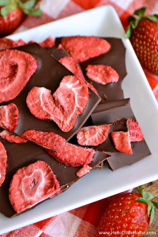 Strawberry Dark Chocolate Bark ... Get this easy recipe + 100 other vegetarian winter recipes that are perfect for any occassion! | Hello Little Home