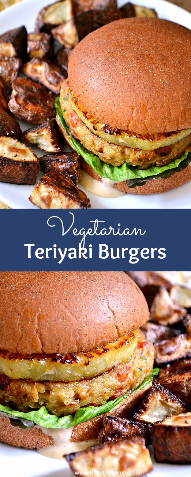 Vegetarian Teriyaki Burgers ... this easy vegetarian burger recipe is simply mouthwatering! Made with delicious, healthy ingredients like quinoa, chickpeas, veggies, and topped with a slice of juicy pineapple and a simple teriyaki sauce. Yum! | Hello Little Home