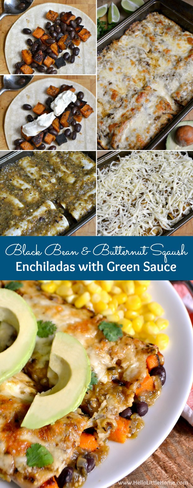 Feed a crowd with these decadent and delicious Black Bean and Butternut Squash Enchiladas with Green Sauce! | Hello Little Home