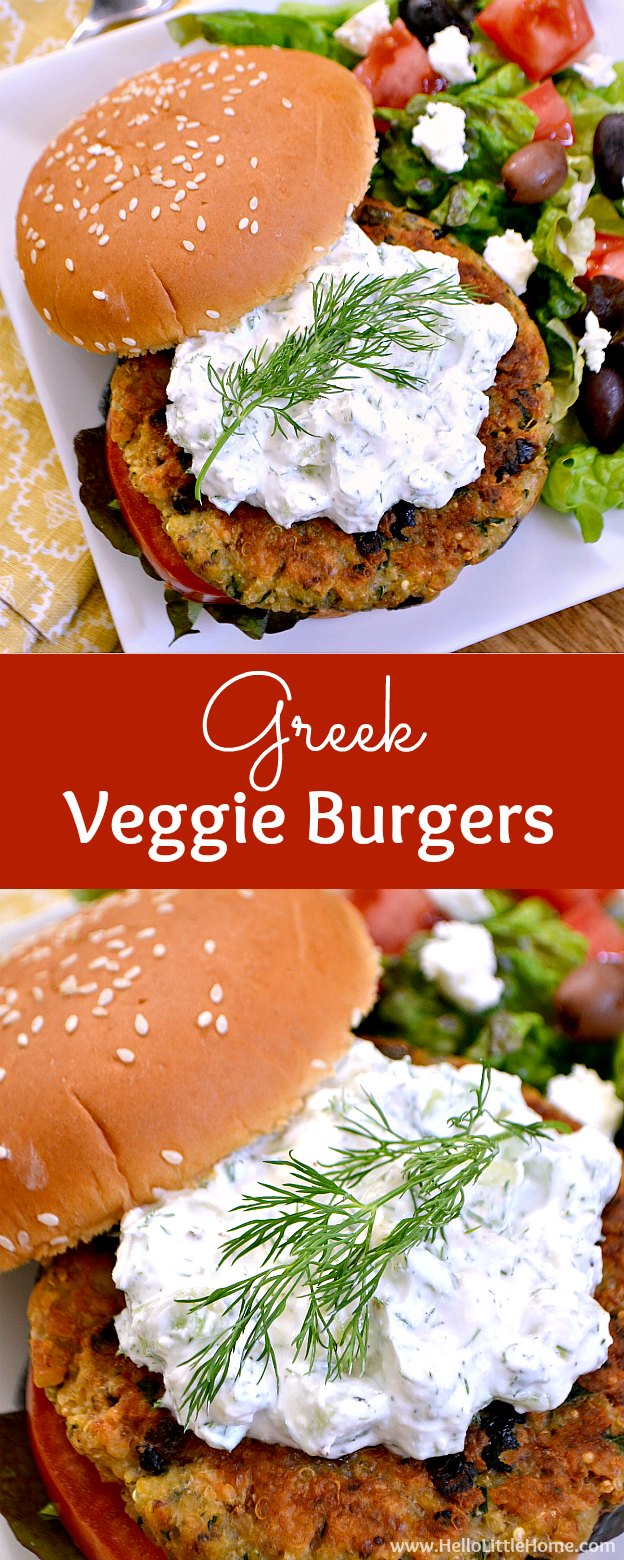 Greek Veggie Burgers with Cucumber Feta Sauce ... serve these amazing vegetarian burgers with a simple salad for a delicious meal that your whole family will love! Hello Little Home