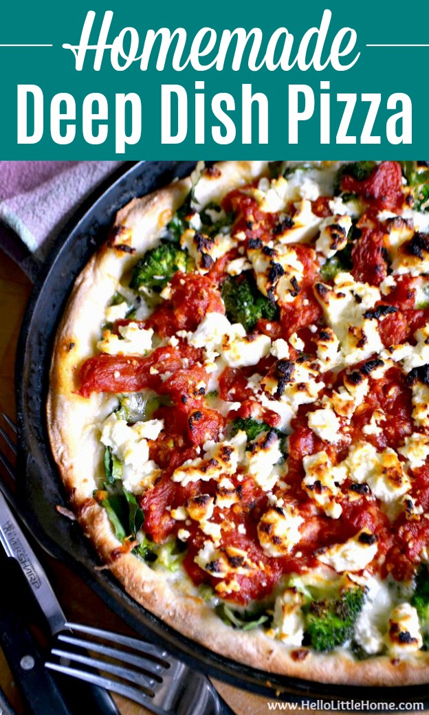 Homemade Deep Dish Pizza with Broccoli, Spinach, and Feta