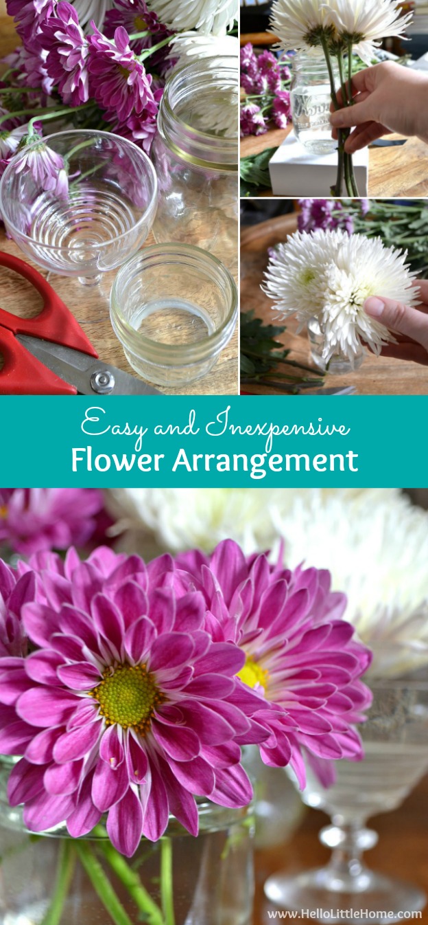 Brighten up your home with an easy and inexpensive flower arrangement! Treat yourself to a bouquet of flowers from your supermarket, then use a collection of glass jars to create this simple and stunning floral display! | Hello Little Home