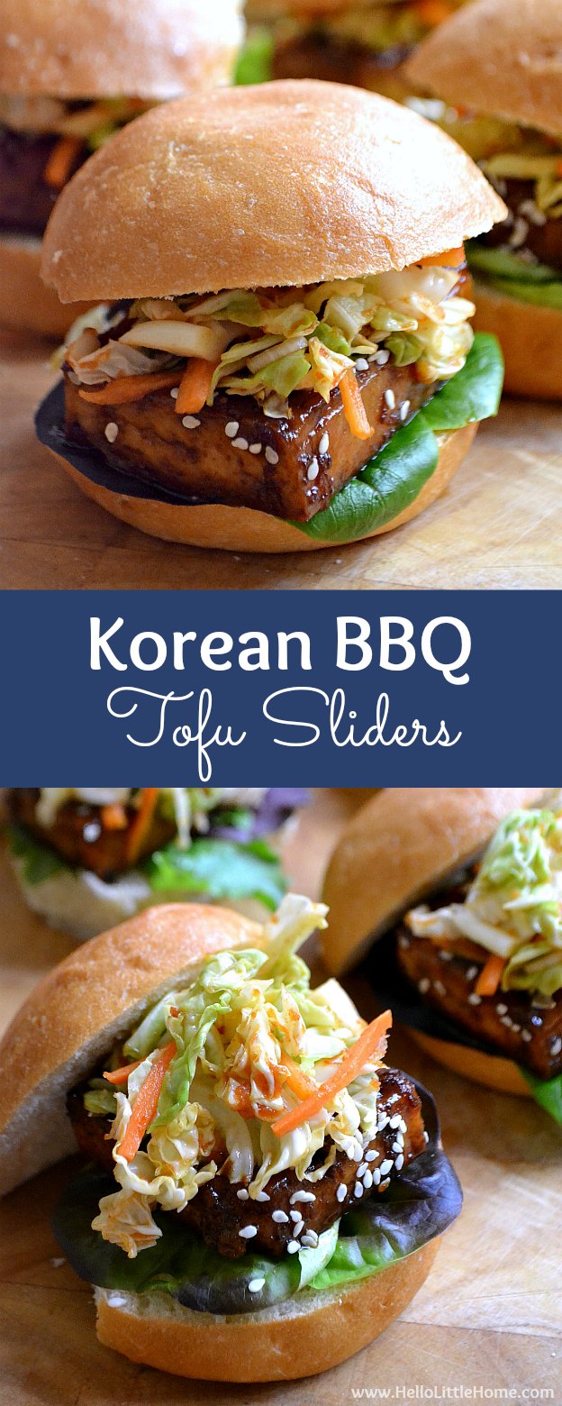 Korean BBQ Tofu Sliders with Kimchi Slaw ... one of the BEST things you'll ever eat! Seriously, these sweet and spicy vegetarian sliders are full of delicious Korean flavors, yet they're simple to make with easy to find ingredients. Perfect for a summer barbeque, party, or other get together! | Hello Little Home