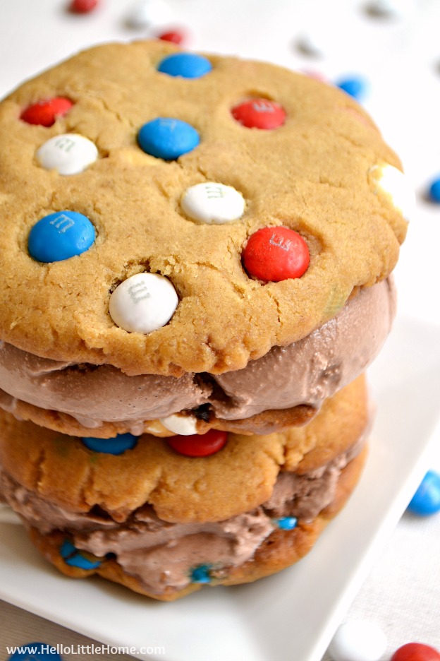 Over 30 Patriotic Recipes, Crafts, and Home Decor Ideas, including these Peanut Butter Chocolate Ice Cream Sandwiches! These fun and easy red, white, and blue ideas are perfect for celebrating every patriotic summer occassion ... 4th of July, Memorial Day, and more! | Hello Little Home