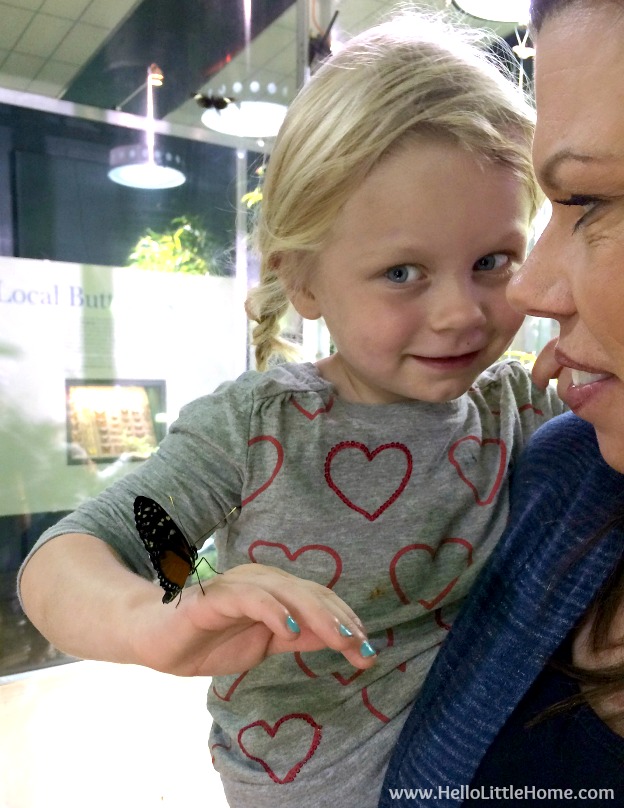 A woman holding a little girl with a butterfly on her hand.