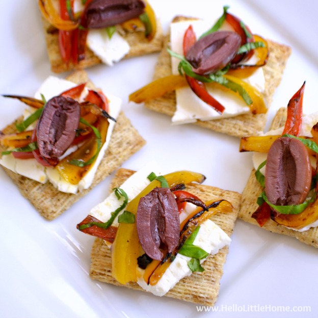 These Feta, Pepper, and Olive Bites are a delicious addtion to your next party! You are going to love this easy appetizer recipe! | Hello Little Home