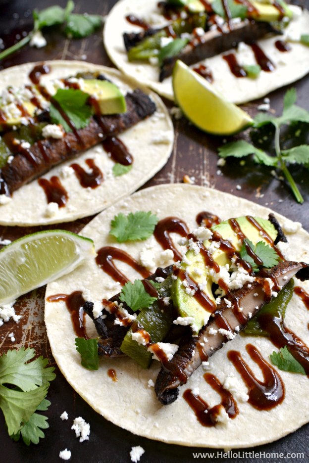Grilled Portabella Poblano Tacos with Sweet and Spicy BBQ Sauce ... one of 100 Vegetarian Game Day Recipes! Get ready for the big game with over 100 vegetarian and vegan appetizers, soups, chilis, main dishes, sandwiches, breakfast, desserts, and more that will make your next football watching party unforgettable! | Hello Little Home