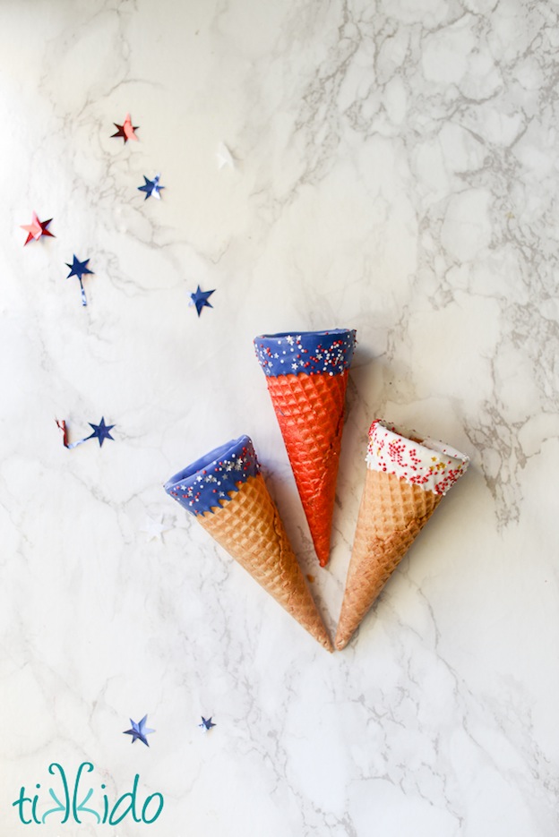 Over 30 Patriotic Recipes, Crafts, and Home Decor Ideas, including these cute Ice Cream Cones from Tikkido! These fun and easy red, white, and blue ideas are perfect for celebrating every patriotic summer occassion ... 4th of July, Memorial Day, and more! | Hello Little Home