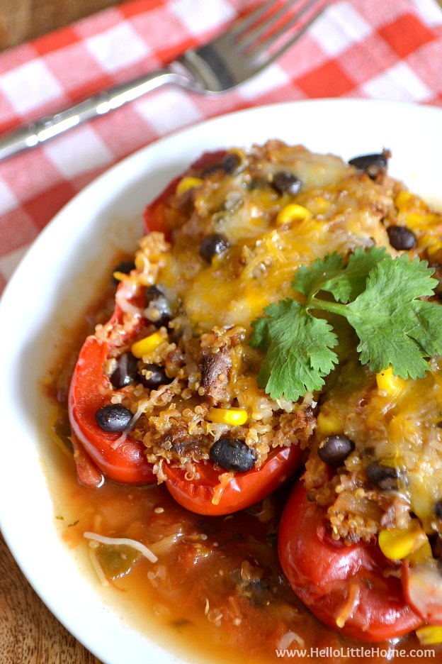 Tex Mex Stuffed Peppers in the Crockpot ... an amazing vegetarian slow cooker recipe! Serve this yummy vegetarian stuffed vegetable recipe at the height of summer or year round! It's that versatile. | Hello Little Home