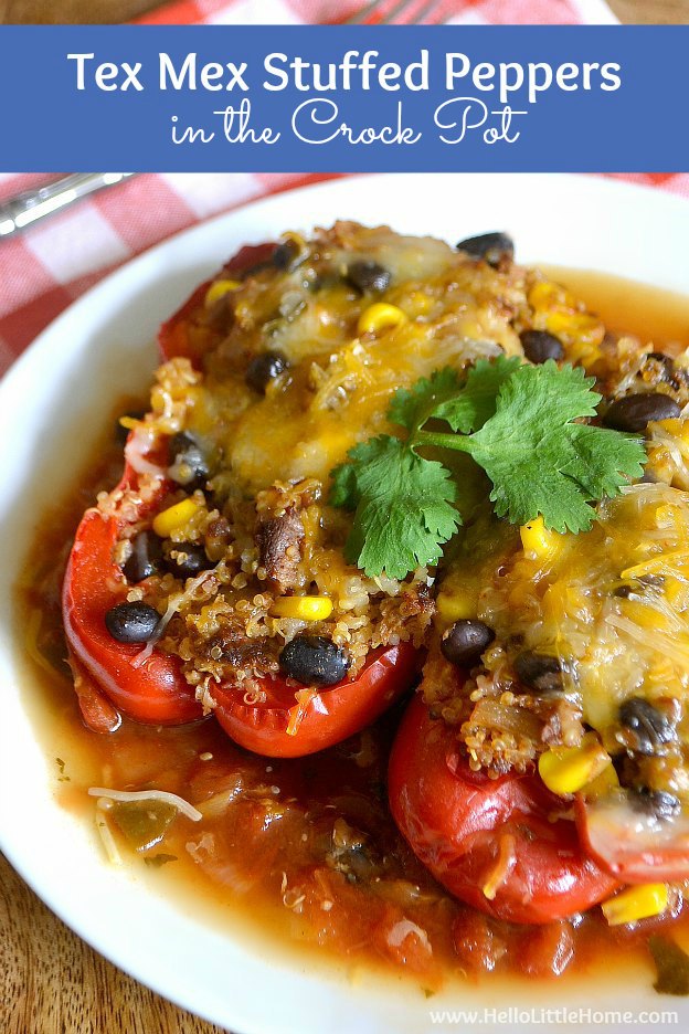 Tex Mex Crock Pot Stuffed Peppers in the Crockpot ... an amazing vegetarian slow cooker recipe! Serve this yummy vegetarian stuffed vegetable recipe at the height of summer or year round! These Slow Cooker Stuffed Peppers are a meal your whole family will love! | Hello Little Home #slowcooker #crockpot #vegetarian #vegetarianrecipes #vegetarianstuffedpeppers #vegetariancrockpot #vegetarianslowcooker #stuffedpeppers