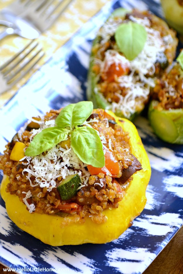 This delicious Vegetarian Quinoa and Sausage Stuffed Summer Squash is the perfect way to use up all that zucchini from your garden or farmers market! An easy stuffed vegetable recipe the whole family will enjoy, it's also vegan friendly with a few simple swaps. Make this tasty vegetarian summer dinner recipe tonight! | Hello Little Home