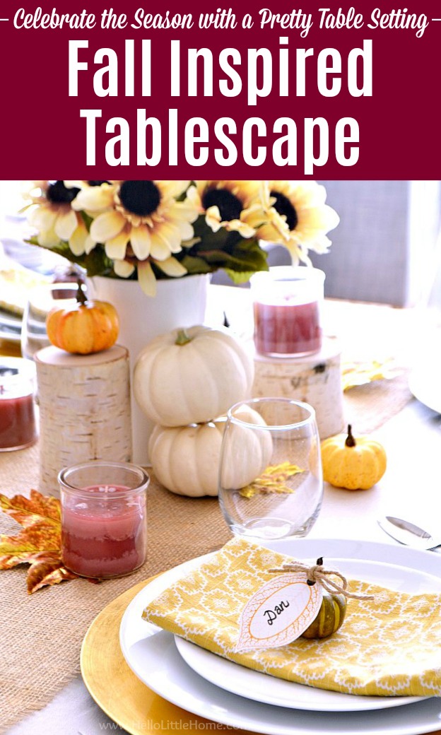 A Fall Tablescape and Fall Place Settings with flowers, pumpkins, and candles.