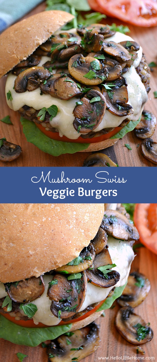 Mushroom Swiss Veggie Burgers ... full of delicious and healthy ingredients (like lentils, barley, savory spices, and garlicky sauteed mushrooms), this amazing vegetarian burger recipe is sure to be a hit on your table! | Hello Little Home