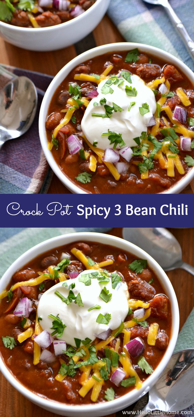 Crock Pot Spicy 3 Bean Chili ... this delicious recipe is perfect for game day and takes minutes to prep! Make this easy vegan chili for dinner tonight! | Hello Little Home