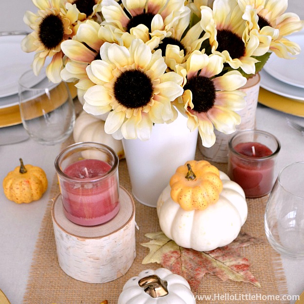 Fall Inspired Tablescape ... celebrate the season with a gorgeous and easy to create autumn inspired table setting! Plus, get my Free Printable Leaf Placecards!| Hello Little Home