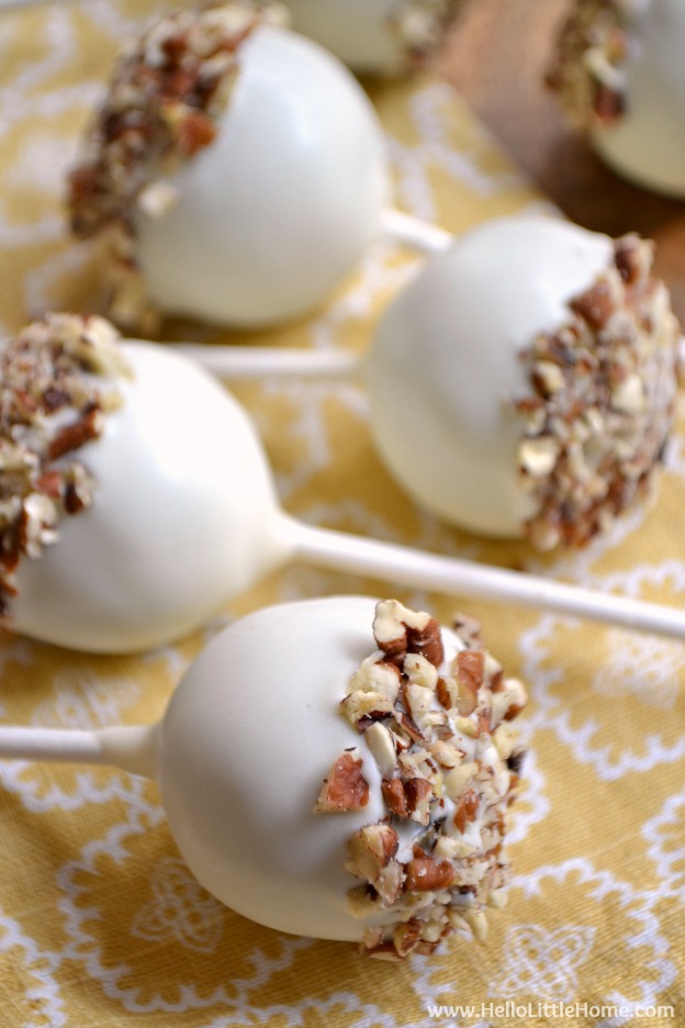 Pecan Pumpkin Spice Cake Pops ... delicious, fall-flavored treats that are simple to make! This easy cake pop recipe is sure to become a favorite fall recipe! | Hello Little Home