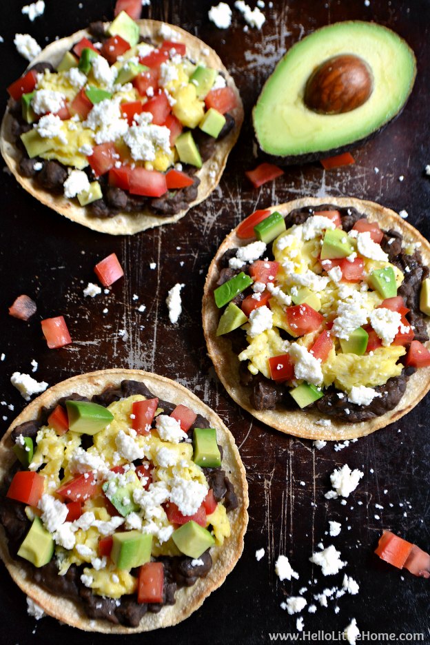 Mexican Breakfast Tostadas ... start your day right with this yummy vegetarian breakfast recipe! You are going to love this delicous, crunchy, and easy to make Mexican-inspired breakfast idea! | Hello Little Home