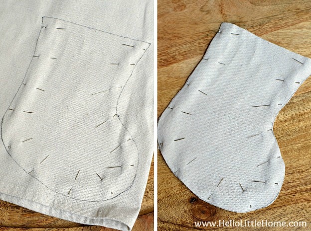 A photo collage showing the stocking pinned together before and after cutting it out.