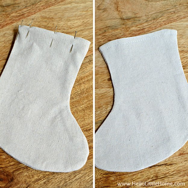 A photo collage showing the edge of the stocking before and after sewing.