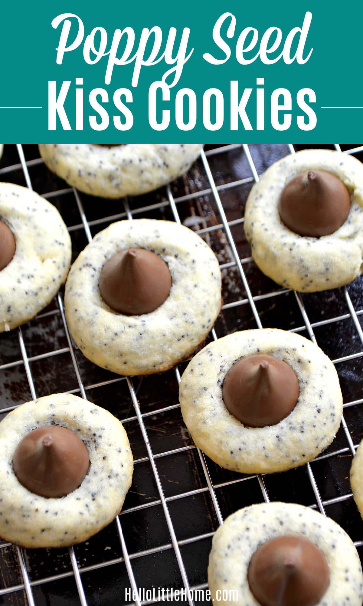 Poppy Seed Kiss Cookies on a baking rack.