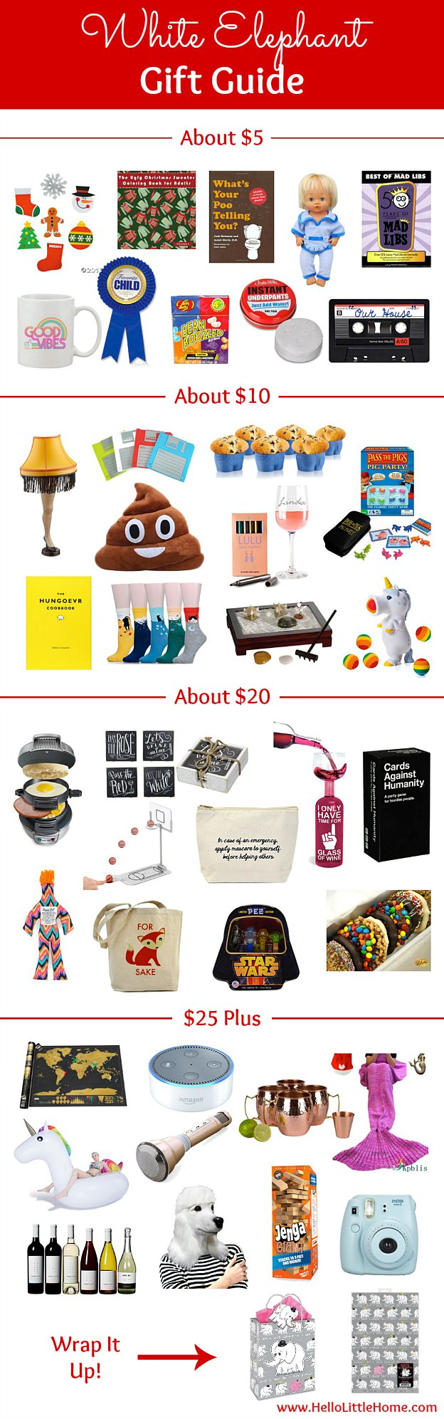 White Elephant Gift Guide ... tons of fun, creative White Elephant gift ideas for your holiday party! Find the perfect present for your White Elephant Gifts Exchange … lots of hilarious Yankee Swap gifts worth fighting for! From White Elephant Gifts people want (great for work or any Christmas party) to funny gift ideas at all price ranges from cheap gifts under $5, under $10, to $20 and more. | Hello Little Home