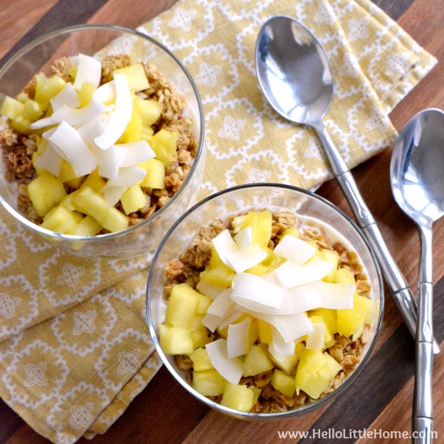 Tropic Breakfast Parfait ... wake up to this delicious morning treat! This easy layered yogurt parfait recipe features orange juice-flavored Greek Yogurt, fresh pineapple, crunchy granola, and sweet coconut chips for a delicious breakfast recipe you won't be able to resist! | Hello Little Home