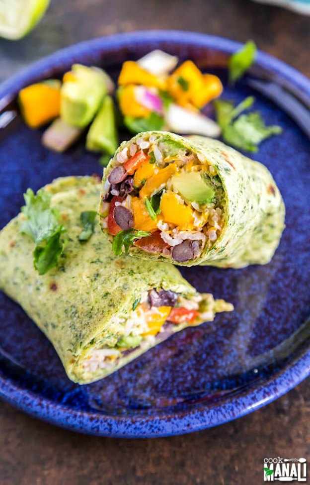 Vegetarian Bean Burritos with Avocado Mango Salsa ... one of 100 Vegetarian Game Day Recipes! Get ready for the big game with over 100 vegetarian and vegan appetizers, soups, chilis, main dishes, sandwiches, breakfast, desserts, and more that will make your next football watching party unforgettable! | Hello Little Home