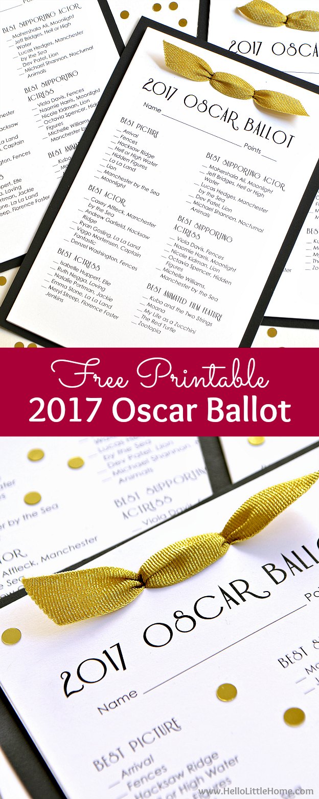 Free Printable 2017 Oscar Ballot ... perfect for your Acadademy Awards viewing party! Simply print the free file, then check out my tutorial for a fun event worthy presentation! | Hello Little Home
