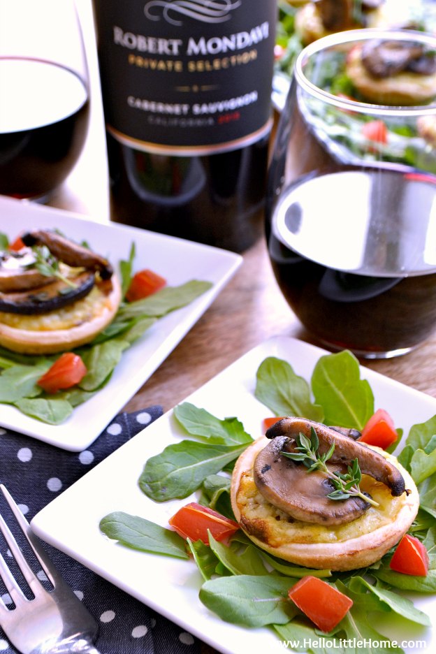 Mini Cheese Tarts with Pan Roasted Mushrooms ... a delicious and easy to make vegetarian appetizer recipe! Perfect for parties or a relaxed at home date night, especially when paired with your favorite wine! | Hello Little Home