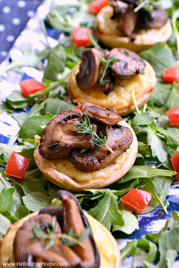 Mini Cheese Tarts with Pan Roasted Mushrooms ... a delicious and easy to make vegetarian appetizer recipe! Perfect for parties or a relaxed at home date night, especially when paired with your favorite wine! | Hello Little Home