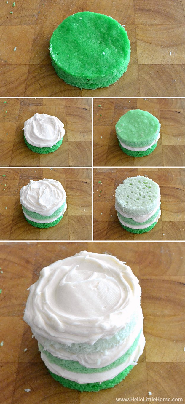 Photo collage showing how to layer cake rounds with frosting to assemble cakes.