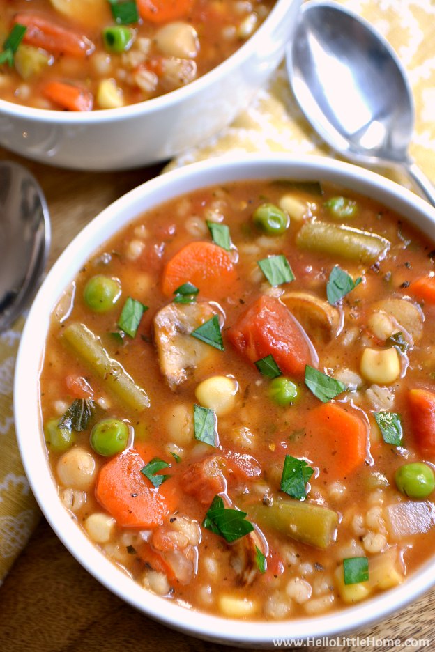 Vegetable Barley Soup ... a thick, hearty vegetarian soup recipe that will warm you up on the coldest of days! This easy soup recipe is packed with rich, Italian flavors your whole family will love! | Hello Little Home