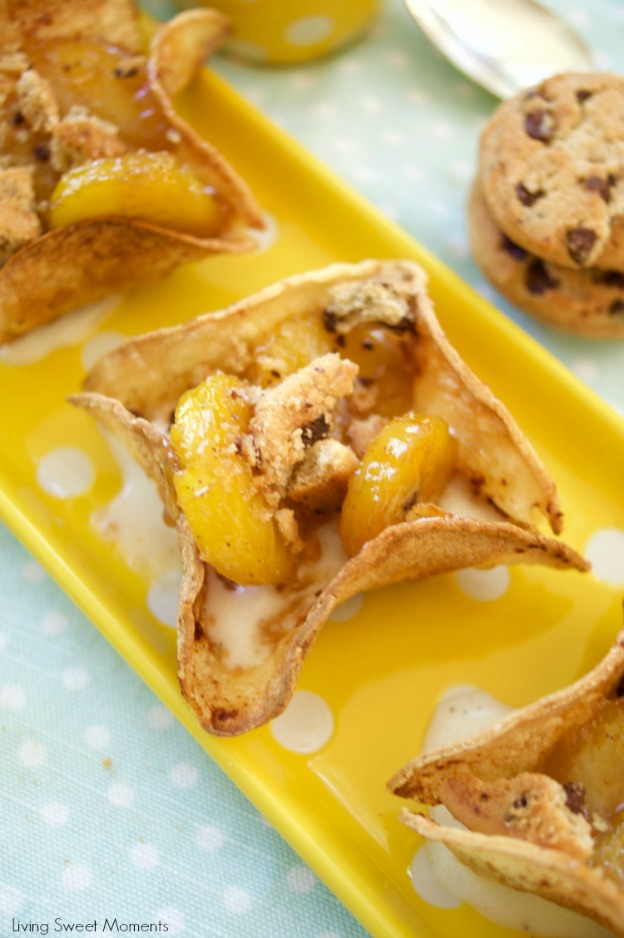A dessert recipe made with plantains and ice cream served in crispy tortillas.