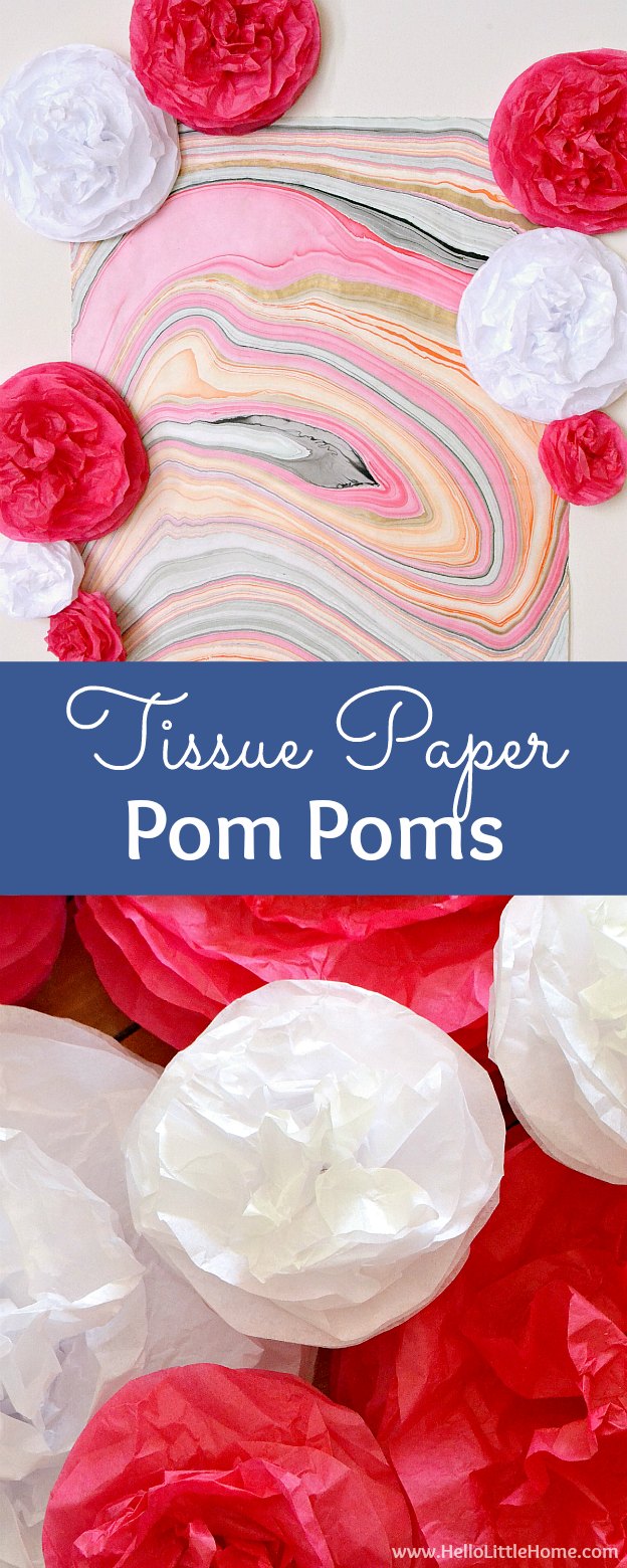 DIY Tissue Paper Pom Poms ... a cute decoration that's perfect for any party! Follow this easy tutorial and learn how to make DIY tissue paper pom poms in any size or color ... perfect for birthday parties, weddings, bridal showers, or any special occasion! | Hello Little Home
