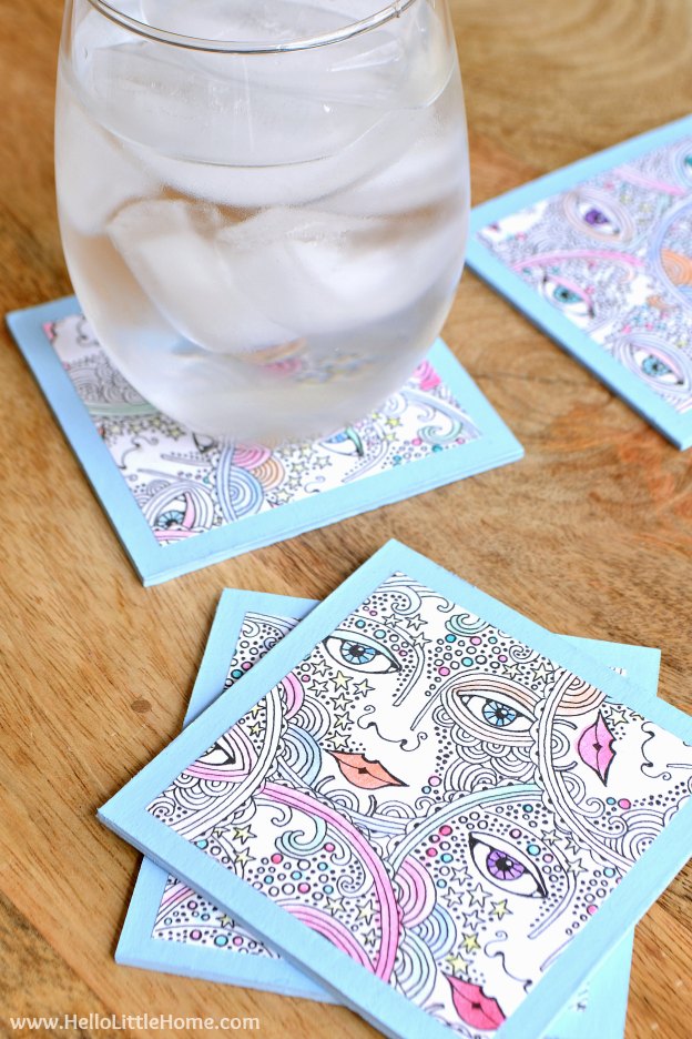 Coasters made from coloring pages.