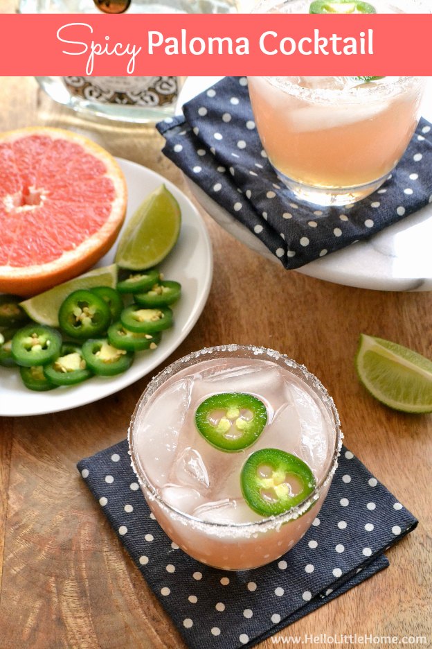 Spicy Paloma Cocktail Recipe, a refreshing twist on the classic Mexican drink! Learn how to make an easy Paloma cocktail from simple ingredients: tequila, fresh grapefruit juice, and spicy jalapeno simple syrup! This simple Paloma recipe is a fun pink cocktail that's ideal for entertaining, happy hour, summer, Cinco de Mayo, or any get together! | Hello Little Home #palomarecipe #palomacocktail #spicy #spicypaloma #tequila #cocktails #cocktailrecipe #jalapeno #jalapenosimplesyrup #paloma