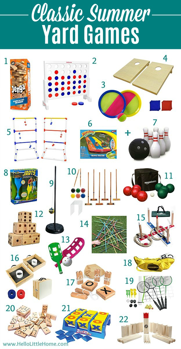 A photo collage showing showing classic summer yard games that you can buy.