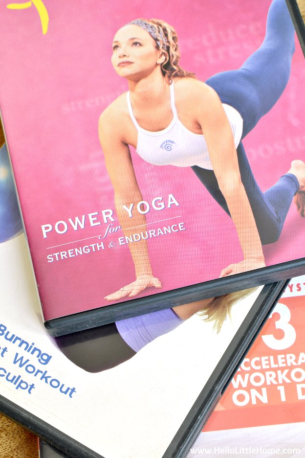 A stack of exercise DVDs.