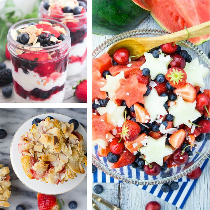 A photo collage showing three different red, white, and blue dessert ideas.