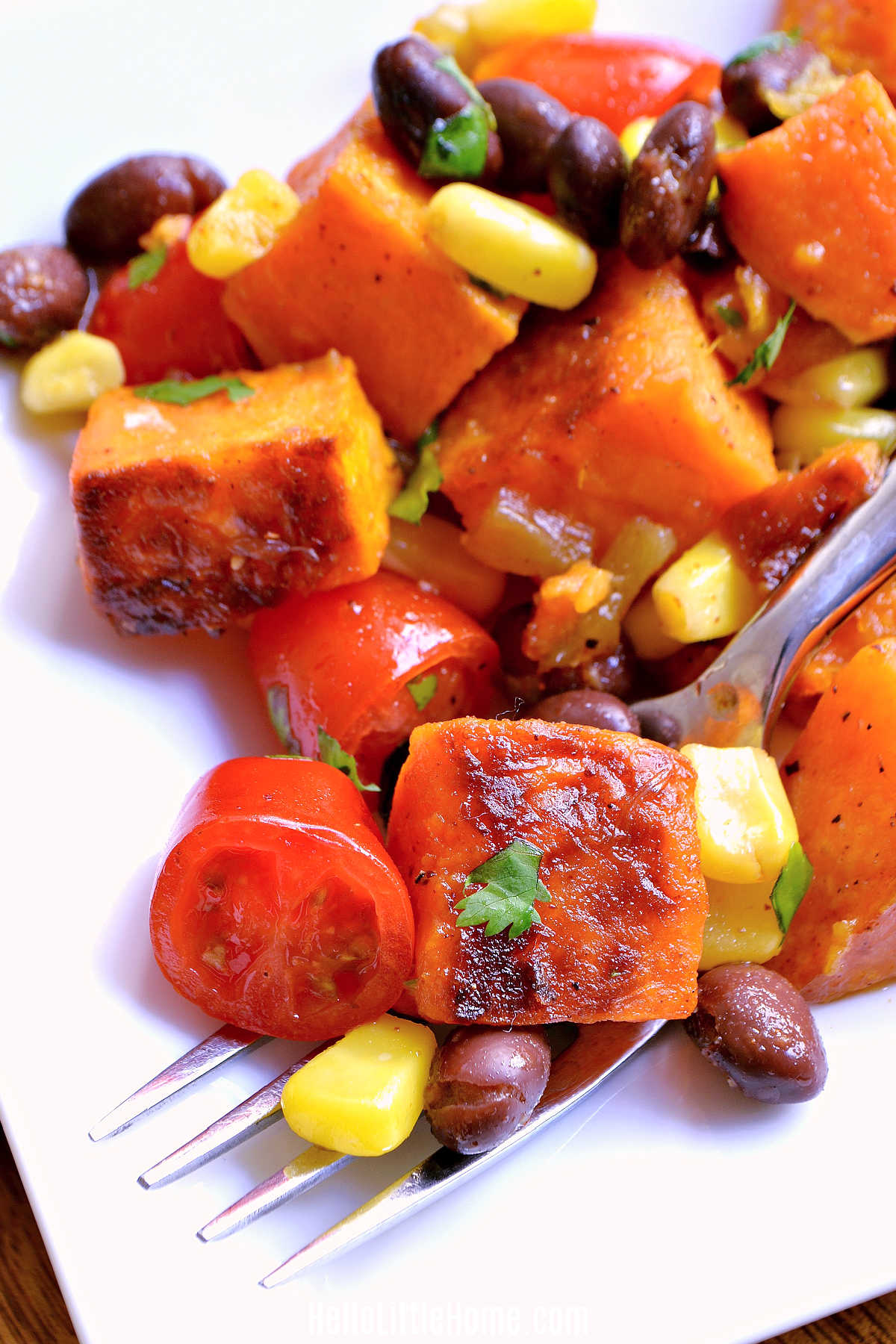 Closeup of the finished recipe and a fork on a white plate.