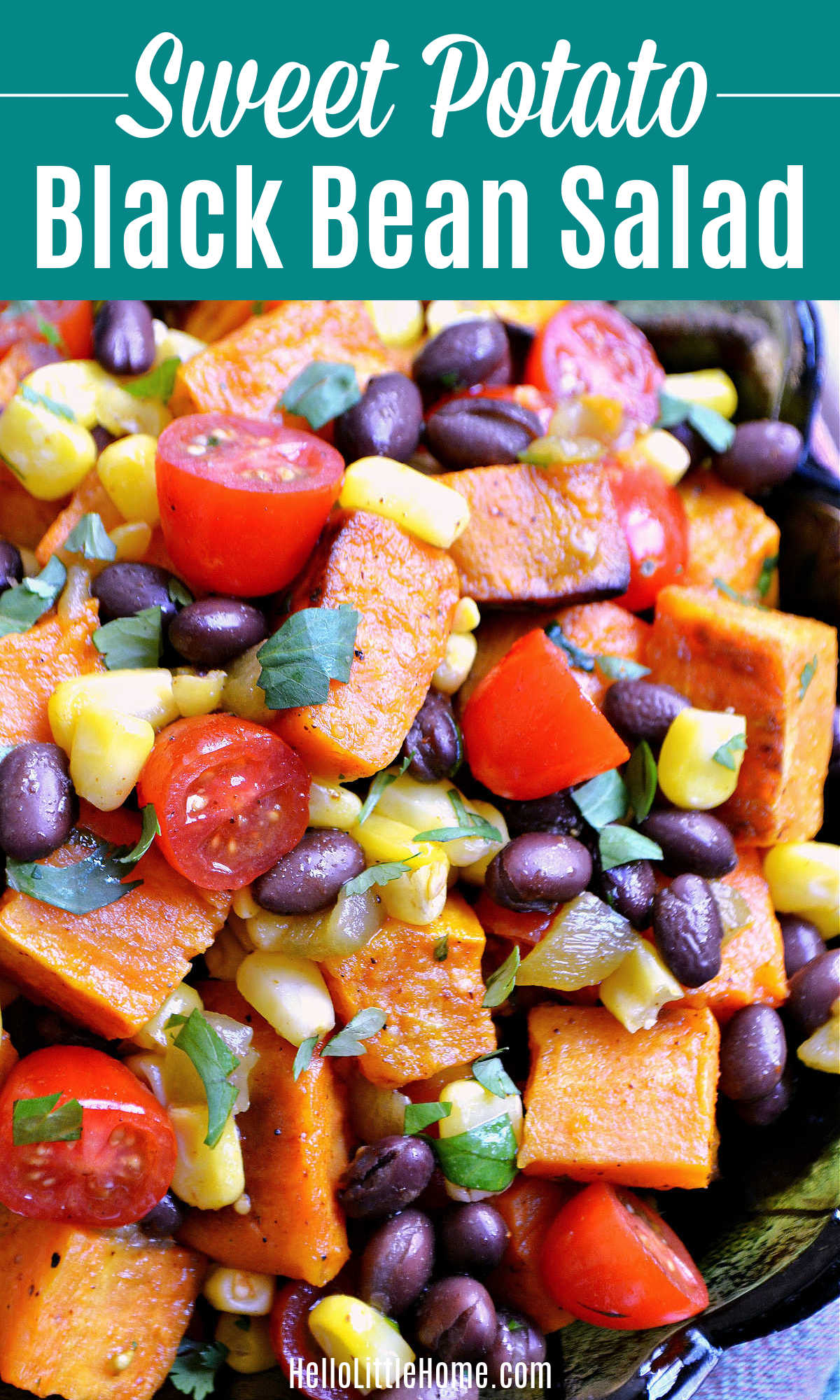 Closeup of the finished Sweet Potato and Black Bean Salad recipe.