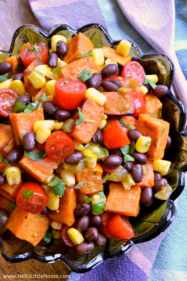 Tex Mex Roasted Sweet Potato Salad ... a delicious vegetarian side dish recipe your family will love! This cold roasted sweet potato salad is packed with healthy, fresh ingredients: black beans, corn, tomatoes, and cilantro ... all tossed together with an amazing chili lime vinaigrette (with a touch of maple syrup). It's also gluten free and vegan, and makes a tasty side or even a light dinner or lunch! | Hello Little Home
