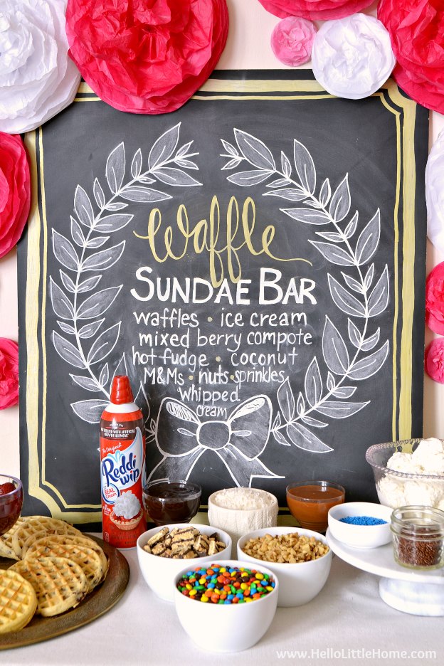 DIY Waffle Ice Cream Sundae Bar ... the perfect summer entertaining idea! Create your own ice cream sundae bar for birthdays, weddings, baby showers, graduations, and other events with these easy ideas! Full of great tips for display, topping ideas, and more, this DIY dessert table idea is full of summer inspiration! | Hello Little Home