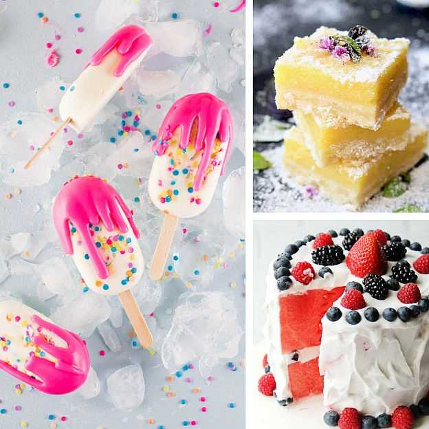 A collage image of cake pops, bars, and a watermelon cake.