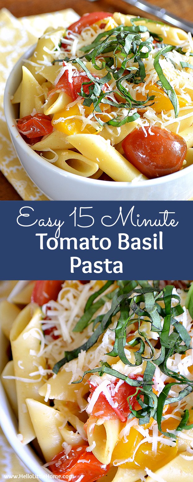 Easy 15 Minute Tomato Basil Pasta recipe! Make this mouthwatering fresh cherry tomato sauce in minutes, then toss it with hot penne and sprinkle with fresh basil and Parmesan cheese (add fresh mozzarella for a Caprese-inspired sauce) ... perfect for weeknight dinners, as well as entertaining. This simple Homemade Tomato Basil Pasta makes a tasty summer meal your whole family with love! | Hello Little Home