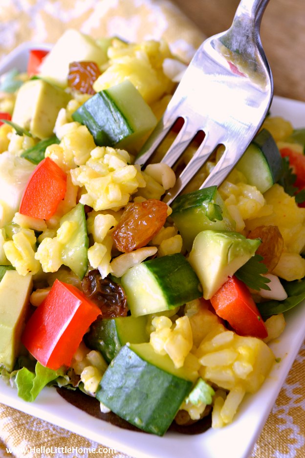 Tropical Rice Salad recipe ... a delicious and easy vegan salad! This healthy cold rice salad is packed with fruits and veggies and features a yummy mango lime vinaigrette. Your whole family will love this summer rice salad recipe! | Hello Little Home