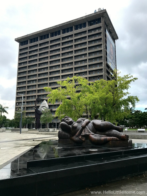 A sculpture in front of a government building across from the museum.