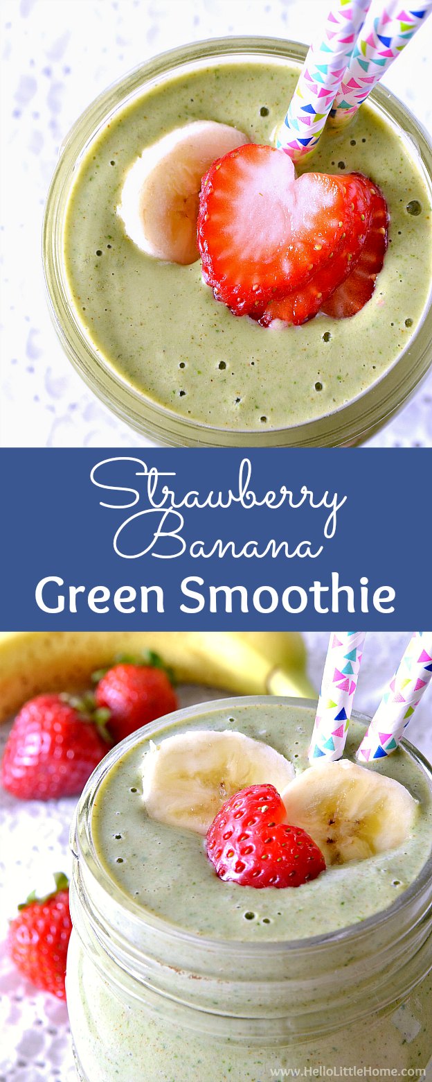 Strawberry Banana Green Smoothie recipe! Learn how to make this delicious, simple green smoothie recipe that's packed with protein and nutritious ingredients, like yogurt, almond butter, spinach, and fresh fruit! This strawberry banana smoothie makes a great healthy breakfast or filling meal replacement! | Hello Little Home