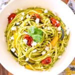 Cilantro Pesto Pasta served in a white bowl.